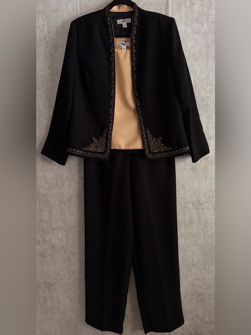 Coldwater Creek Womens 3pc Blk Jacket Gold Shell Trouser Suit Formal Evening S10